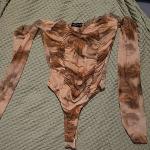 PLT Beige Multi-Water Renaissance Print Mesh Ruched Bardot Bodysuit